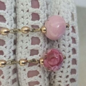 Retro Vintage Greek Pink Flower Porcelain Ceramic Beads Dangle Earrings